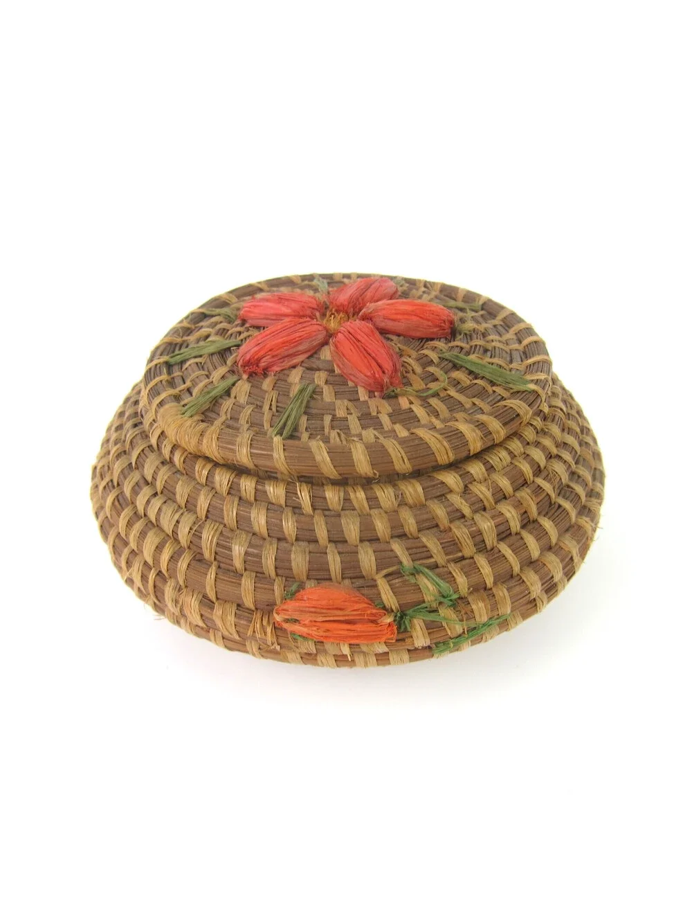 Coushatta Pine Needle Basket Applied Flowers Lidded Native American Vintage RARE